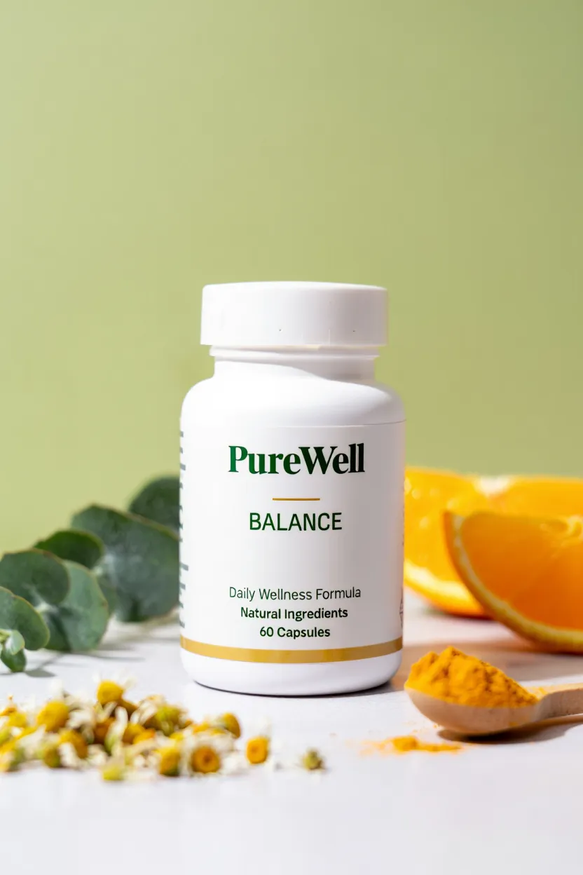 PureWell Balance supplement bottle with natural ingredients displayed